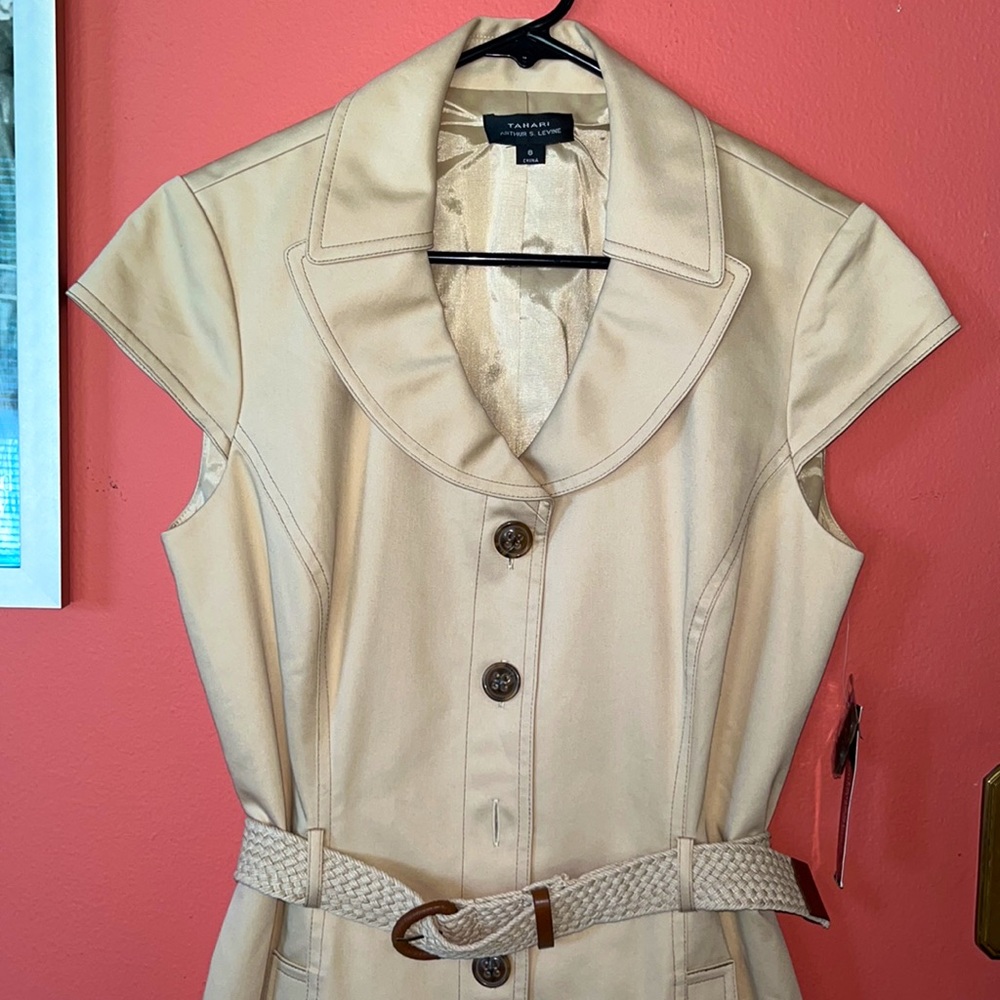 Tahari NWT Arthur S. Levine Dress Knee Length Khaki Tan Cap Sleeves Size 8 - Picture 7 of 15